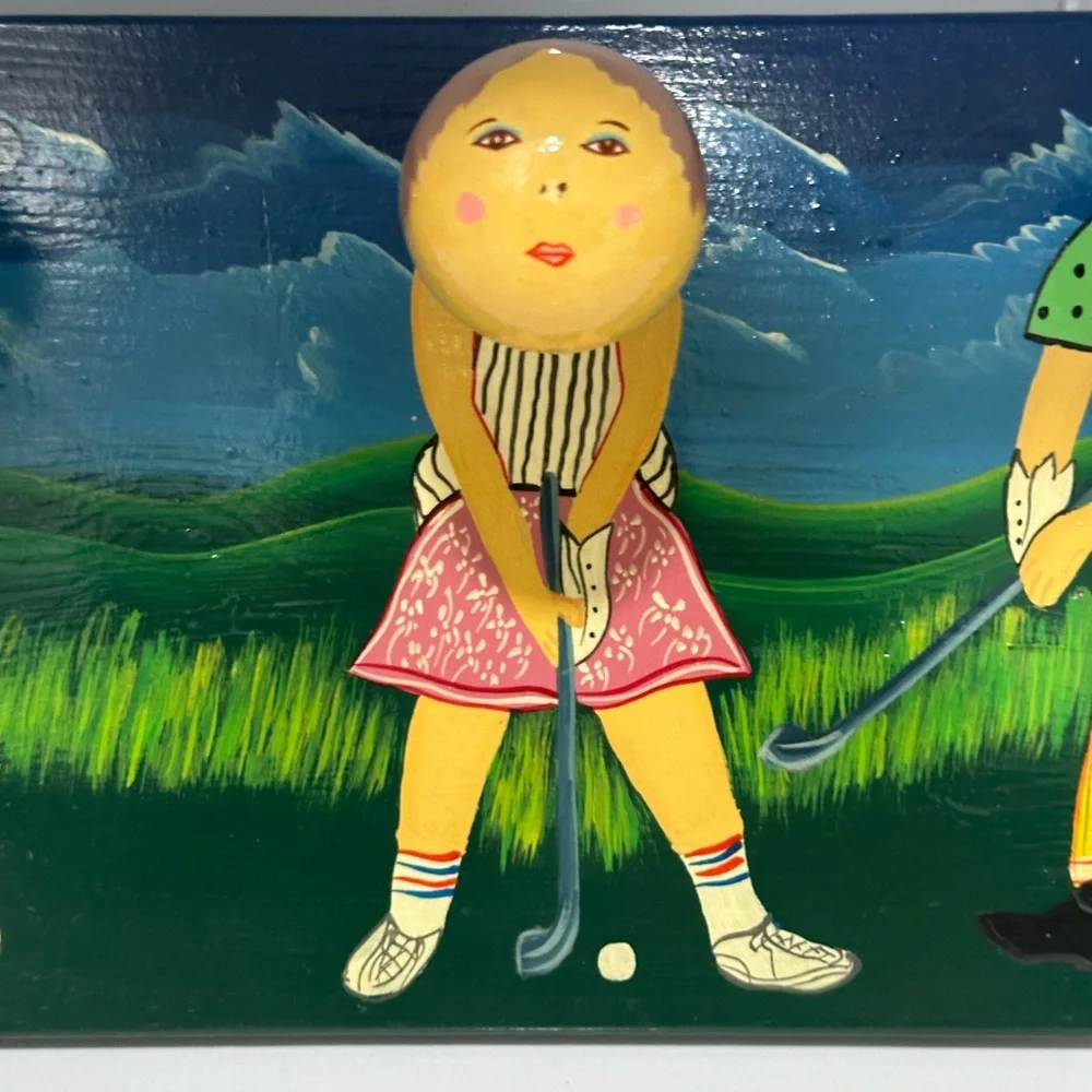 Golf Golfing Ball Wood Plaque Holder Painted HANDMADE FOLK-ART Coat Rack unique